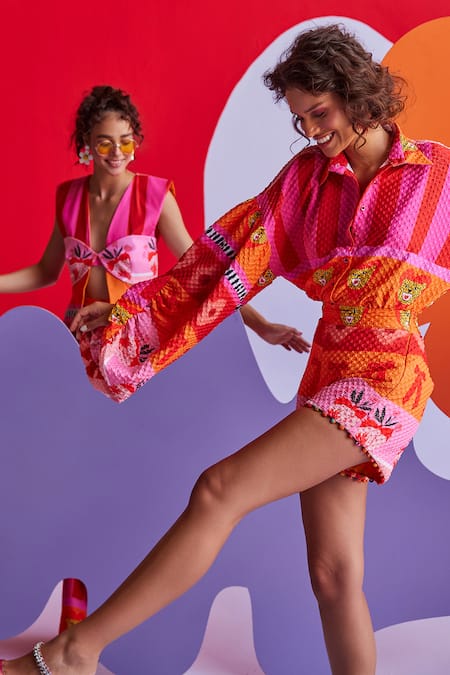 ZiP by Payal & Zinal_Orange Viscose Embroidery Collared Balloon Bonanza 3d Textured Shirt_Online_at_Aza_Fashions