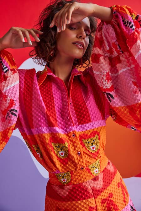 Buy_ZiP by Payal & Zinal_Orange Viscose Embroidery Collared Balloon Bonanza 3d Textured Shirt_Online_at_Aza_Fashions