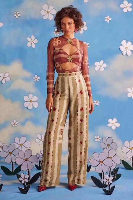 ZiP by Payal & Zinal Brown Tulle Printed Floral Round Blushing Hearts Top And Pant Set 