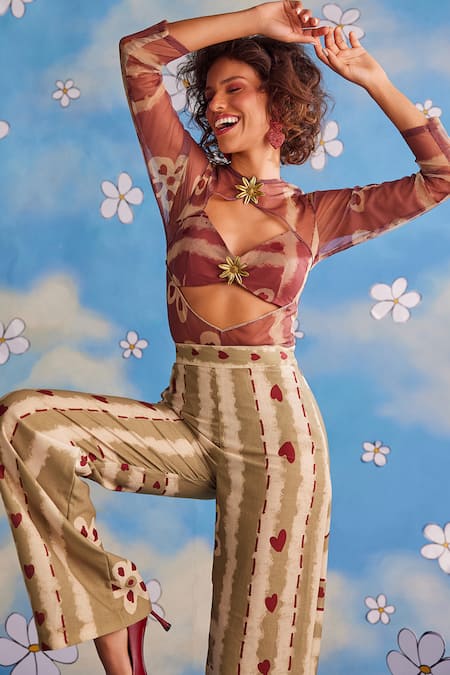 ZiP by Payal & Zinal Brown Cotton, Tulle Round Neck Blushing Hearts Printed Top And Pant Set Online at Aza Fashions ZiP by Payal & Zinal_Brown Cotton, Tulle Round Neck Blushing Hearts Printed Top And Pant Set _Online_at_Aza_Fashions