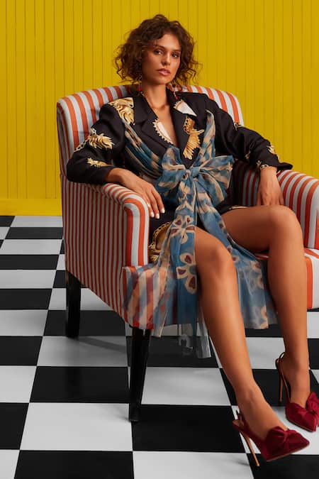 Buy_ZiP by Payal & Zinal_Black Cotton, Tulle Collared Butterfly Kiss Heart Print Dress _Online_at_Aza_Fashions