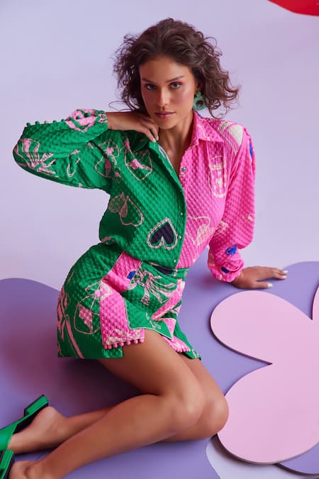 Shop_ZiP by Payal & Zinal_Pink Viscose Collared Candy Crush Print Shirt_Online_at_Aza_Fashions