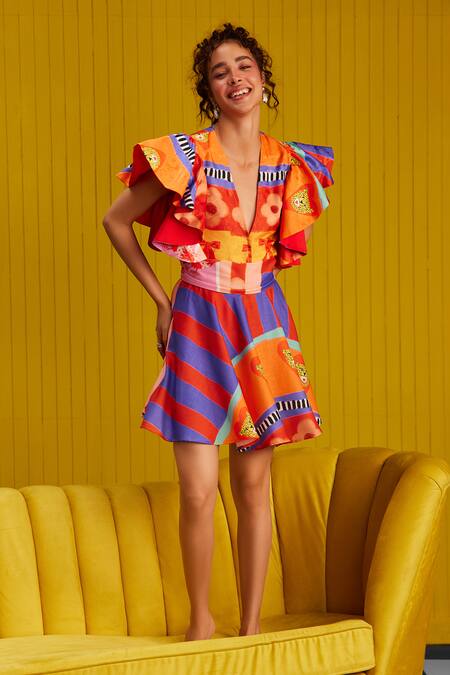 ZiP by Payal & Zinal_Multi Color Cotton, Jacquard Plunge Neck Charm Me Chic Printed Top And Skirt Set_Online_at_Aza_Fashions