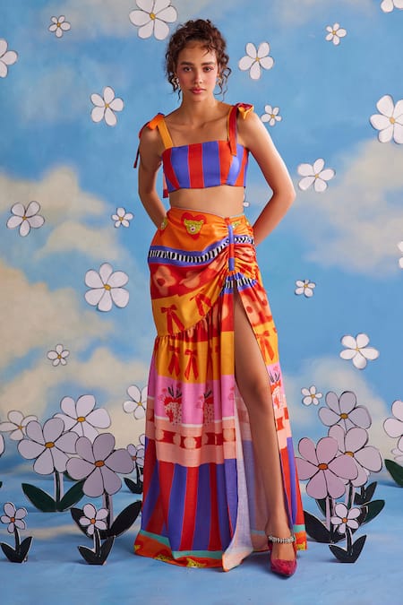 ZiP by Payal & Zinal Blue Cotton Printed Stripe Enchanted Carnival Bandeau Top And Draped Skirt Set 