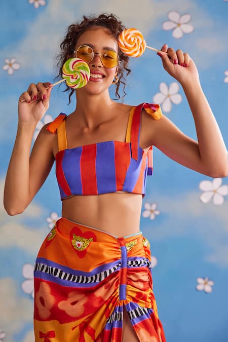 ZiP by Payal & Zinal_Blue Cotton Bandeau Neck Enchanted Carnival Print Top And Draped Skirt Set _Online_at_Aza_Fashions