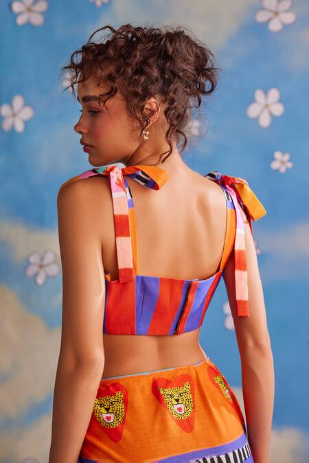 Buy_ZiP by Payal & Zinal_Blue Cotton Bandeau Neck Enchanted Carnival Print Top And Draped Skirt Set _Online_at_Aza_Fashions