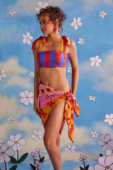 Shop_ZiP by Payal & Zinal_Blue Cotton Bandeau Neck Enchanted Carnival Print Top And Draped Skirt Set _Online_at_Aza_Fashions