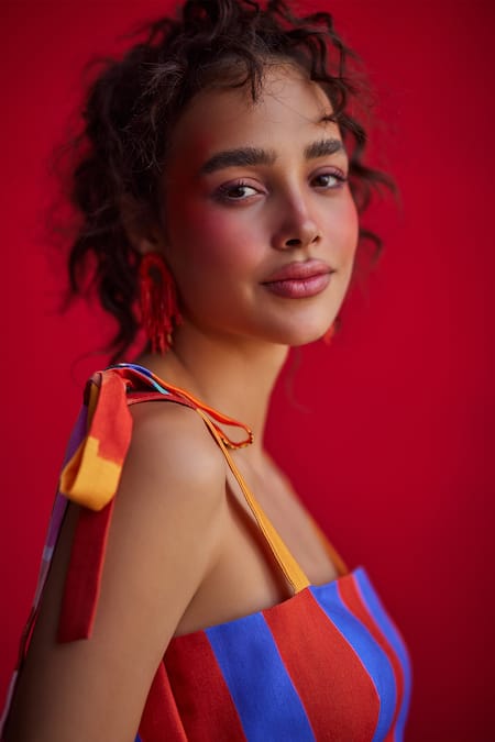 ZiP by Payal & Zinal_Blue Cotton Bandeau Neck Enchanted Carnival Print Top And Draped Skirt Set _at_Aza_Fashions