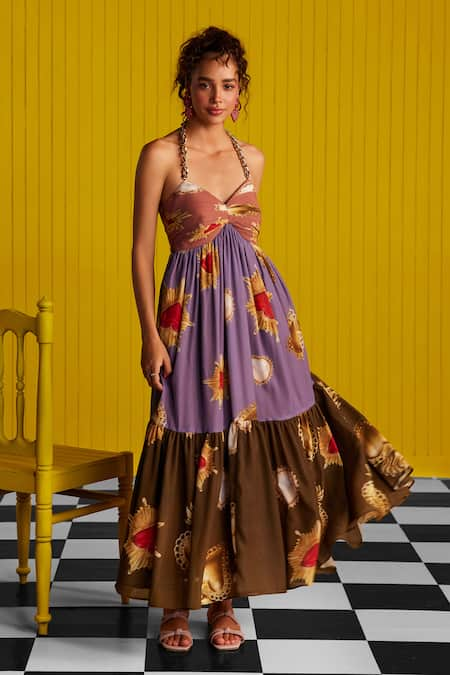 ZiP by Payal & Zinal Brown Viscose Georgette Printed Heart Halter Neck Fields Of Love Dress 