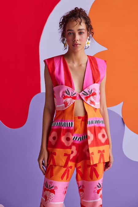 ZiP by Payal & Zinal_Orange Cotton Embroidery Flirty Floss Printed Blazer And Pant Set _Online_at_Aza_Fashions