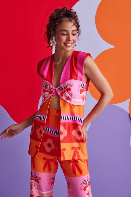 Buy_ZiP by Payal & Zinal_Orange Cotton Embroidery Flirty Floss Printed Blazer And Pant Set _Online_at_Aza_Fashions