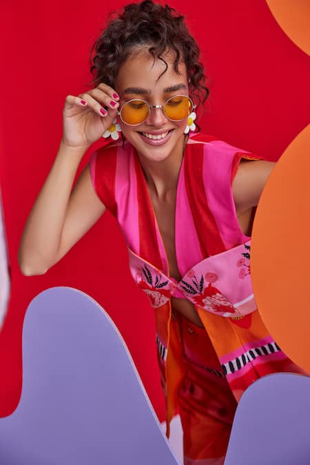 Shop_ZiP by Payal & Zinal_Orange Cotton Embroidery Flirty Floss Printed Blazer And Pant Set _Online_at_Aza_Fashions