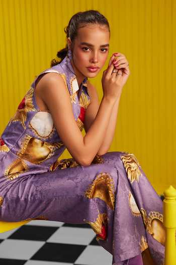 Buy_ZiP by Payal & Zinal_Purple Cotton Collared Love Bug Print Top And Pant Set_Online_at_Aza_Fashions