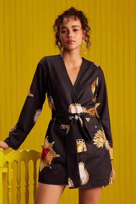 ZiP by Payal & Zinal_Black Cotton V-neck Midnight Magic Printed Dress _Online_at_Aza_Fashions