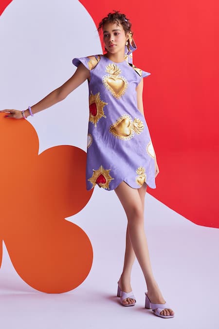 ZiP by Payal & Zinal Purple Satin Jacquard Printed Floral Round And Heart Dress 