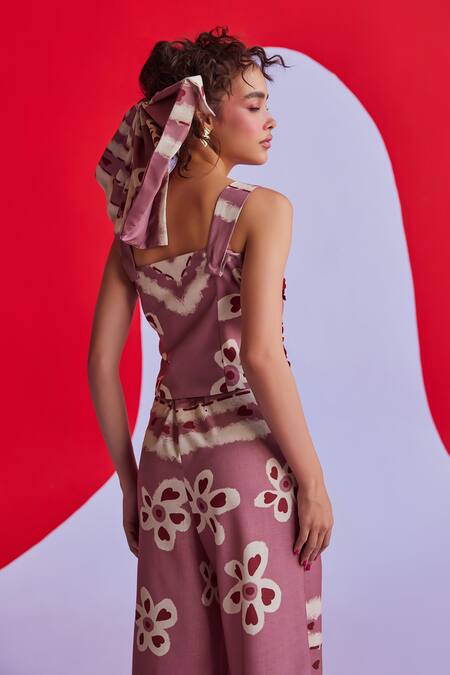 ZiP by Payal & Zinal_Purple Cotton Embroidery V-neck Heart Print Top And Straight Pant Set _Online_at_Aza_Fashions