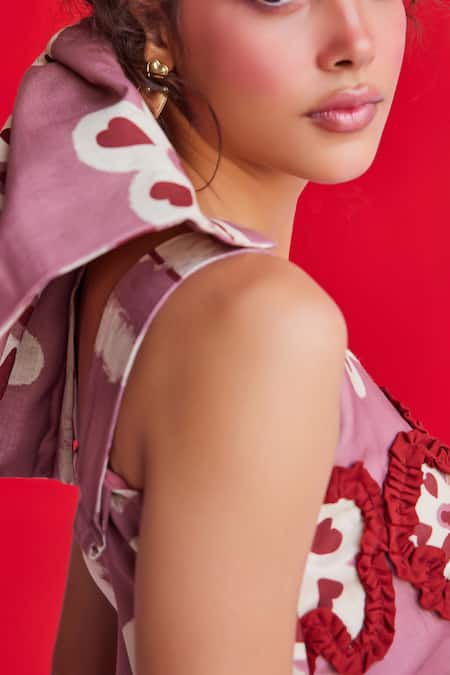 Buy_ZiP by Payal & Zinal_Purple Cotton Embroidery V-neck Heart Print Top And Straight Pant Set _Online_at_Aza_Fashions