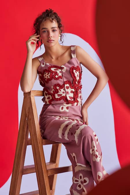 Shop_ZiP by Payal & Zinal_Purple Cotton Embroidery V-neck Heart Print Top And Straight Pant Set _Online_at_Aza_Fashions
