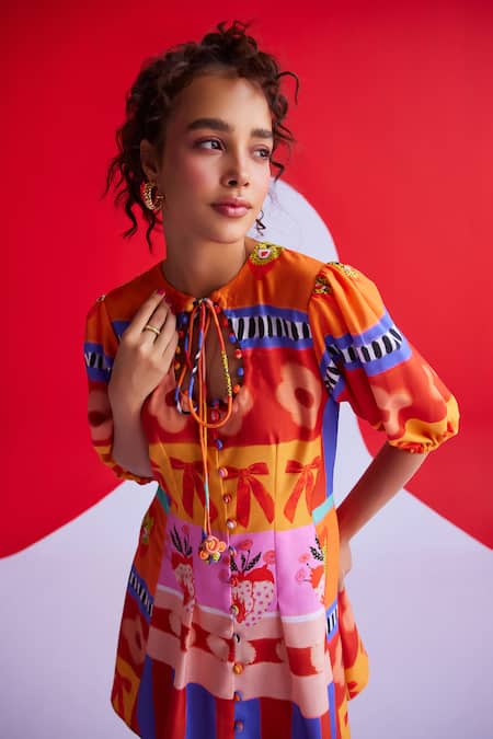 ZiP by Payal & Zinal Multi Color Cotton Ribbons Keyhole Neck Sunny Sweetheart Print Dress Online at Aza Fashions ZiP by Payal & Zinal_Multi Color Cotton Ribbons Keyhole Neck Sunny Sweetheart Print Dress _Online_at_Aza_Fashions