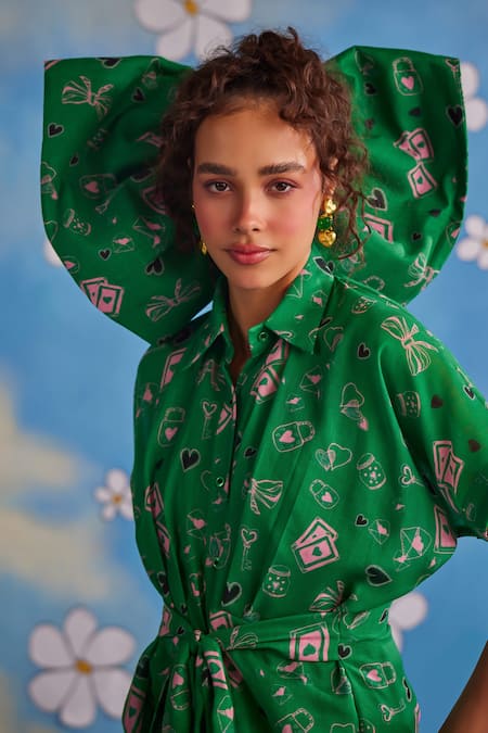 ZiP by Payal & Zinal Green Cotton Collared Sweet Pea Heart Print Dress Online at Aza Fashions ZiP by Payal & Zinal_Green Cotton Collared Sweet Pea Heart Print Dress _Online_at_Aza_Fashions