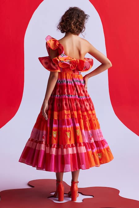 ZiP by Payal & Zinal Floral Stripe Print One Shoulder Dress 