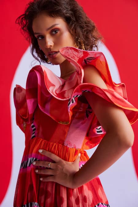 ZiP by Payal & Zinal Orange Cotton Ruffles Asymmetric Floral Stripe Print One Shoulder Dress Online at Aza Fashions ZiP by Payal & Zinal_Orange Cotton Ruffles Asymmetric Floral Stripe Print One Shoulder Dress _Online_at_Aza_Fashions