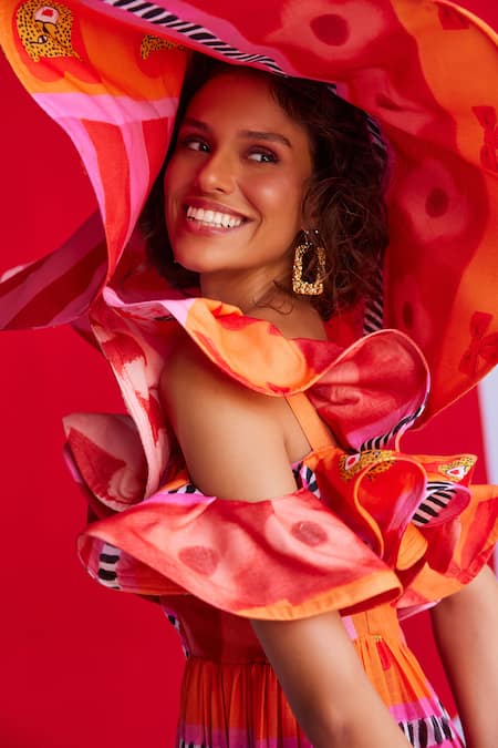 Buy ZiP by Payal & Zinal Orange Cotton Ruffles Asymmetric Floral Stripe Print One Shoulder Dress Online at Aza Fashions Buy_ZiP by Payal & Zinal_Orange Cotton Ruffles Asymmetric Floral Stripe Print One Shoulder Dress _Online_at_Aza_Fashions