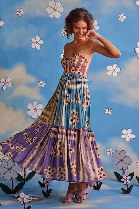 ZiP by Payal & Zinal Multi Color Cotton Sweetheart Neck Whimsical Wonder Floral Heart Print Dress Online at Aza Fashions ZiP by Payal & Zinal_Multi Color Cotton Sweetheart Neck Whimsical Wonder Floral Heart Print Dress _Online_at_Aza_Fashions