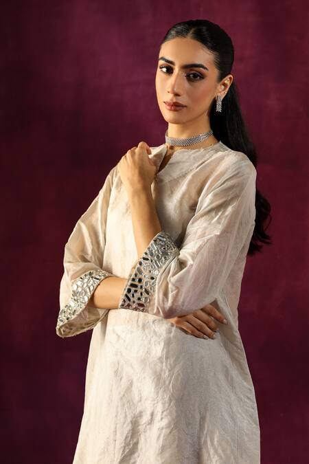 Buy Twenty Nine White Chanderi Mirrors Split V-neck Sleeve Embellished Tunic And Pant Set Online at Aza Fashions Buy_Twenty Nine_White Chanderi Mirrors Split V-neck Sleeve Embellished Tunic And Pant Set _Online_at_Aza_Fashions