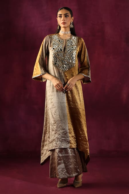 Twenty Nine_Multi Color Tissue, Brocade, Yoke Embellished Kurta And Bell Bottom Pant Set _Online_at_Aza_Fashions