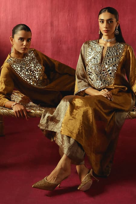 Buy_Twenty Nine_Multi Color Tissue, Brocade, Yoke Embellished Kurta And Bell Bottom Pant Set 