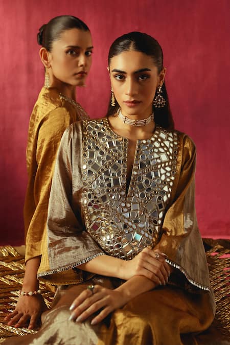 Shop_Twenty Nine_Multi Color Tissue, Brocade, Yoke Embellished Kurta And Bell Bottom Pant Set 