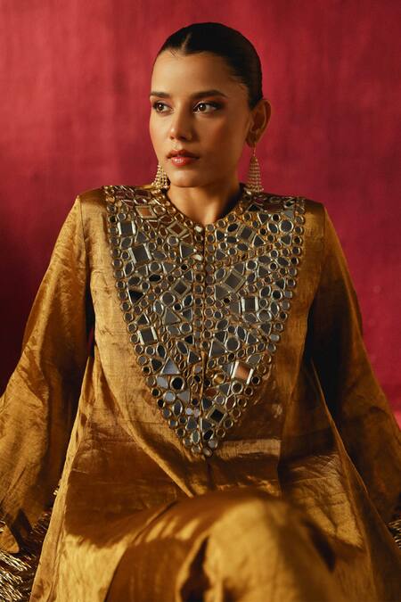 Twenty Nine Multi Color Tissue, Brocade Mirrors Embellished Jacket And Bell Bottom Pant Set Online at Aza Fashions Twenty Nine_Multi Color Tissue, Brocade Mirrors Embellished Jacket And Bell Bottom Pant Set _Online_at_Aza_Fashions