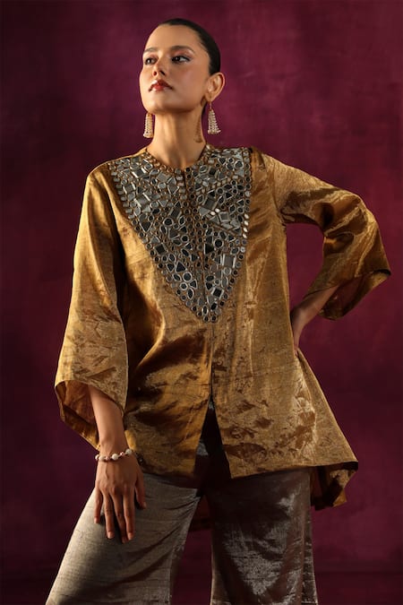 Shop Twenty Nine Multi Color Tissue, Brocade Mirrors Embellished Jacket And Bell Bottom Pant Set Online at Aza Fashions Shop_Twenty Nine_Multi Color Tissue, Brocade Mirrors Embellished Jacket And Bell Bottom Pant Set _Online_at_Aza_Fashions