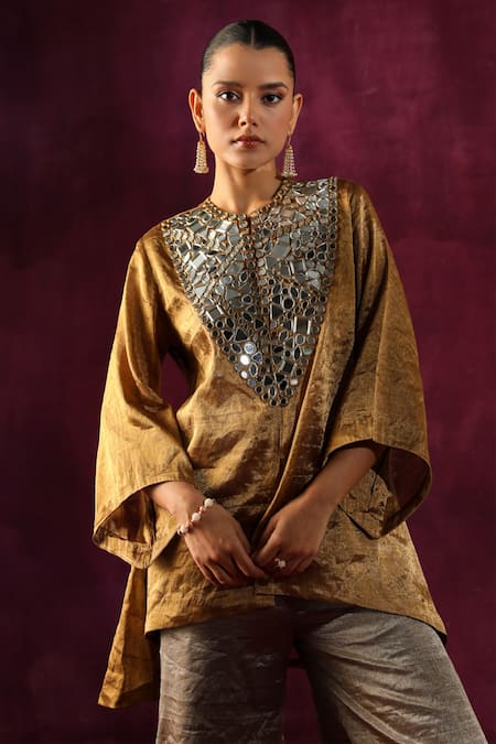 Twenty Nine Multi Color Tissue, Brocade Mirrors Embellished Jacket And Bell Bottom Pant Set at Aza Fashions Twenty Nine_Multi Color Tissue, Brocade Mirrors Embellished Jacket And Bell Bottom Pant Set _at_Aza_Fashions