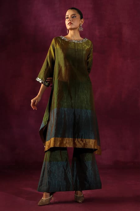 Twenty Nine Green Tissue Mirrors Boat Neck Neckline Embellished Kurta And Flared Pant Set Online at Aza Fashions Twenty Nine_Green Tissue Mirrors Boat Neck Neckline Embellished Kurta And Flared Pant Set _Online_at_Aza_Fashions