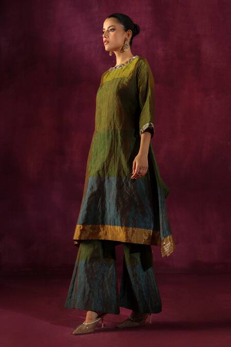 Buy Twenty Nine Green Tissue Mirrors Boat Neck Neckline Embellished Kurta And Flared Pant Set Online at Aza Fashions Buy_Twenty Nine_Green Tissue Mirrors Boat Neck Neckline Embellished Kurta And Flared Pant Set _Online_at_Aza_Fashions