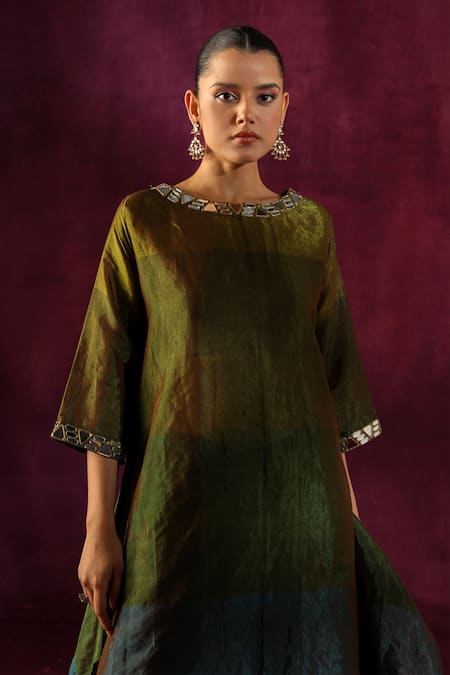 Shop Twenty Nine Green Tissue Mirrors Boat Neck Neckline Embellished Kurta And Flared Pant Set Online at Aza Fashions Shop_Twenty Nine_Green Tissue Mirrors Boat Neck Neckline Embellished Kurta And Flared Pant Set _Online_at_Aza_Fashions