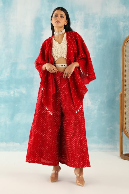 Shop Twenty Nine Red Silk Embroidery Bandhani Woven High Waist Flared Pant at Aza Fashions Shop_Twenty Nine_Red Silk Embroidery Bandhani Woven High Waist Flared Pant _at_Aza_Fashions