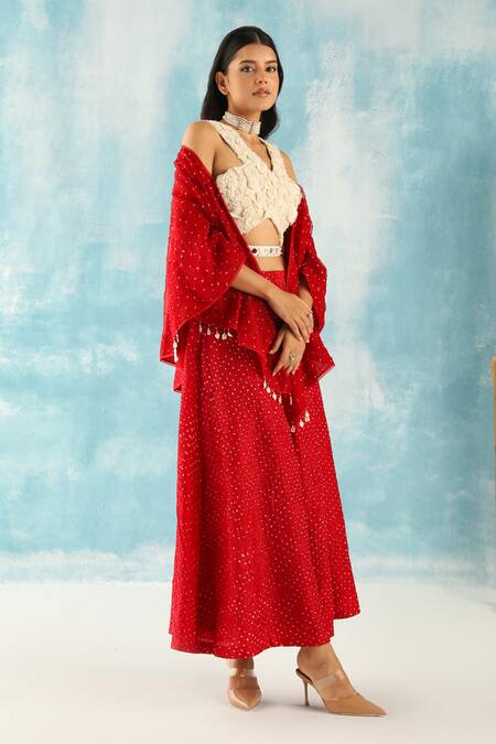 Twenty Nine Red Silk Embroidery Bandhani Woven High Waist Flared Pant Online at Aza Fashions Twenty Nine_Red Silk Embroidery Bandhani Woven High Waist Flared Pant _Online_at_Aza_Fashions