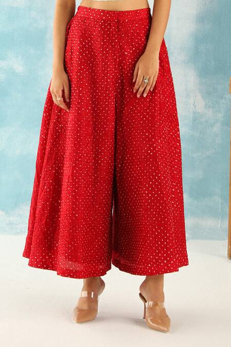 Buy Twenty Nine Red Silk Embroidery Bandhani Woven High Waist Flared Pant Online at Aza Fashions Buy_Twenty Nine_Red Silk Embroidery Bandhani Woven High Waist Flared Pant _Online_at_Aza_Fashions
