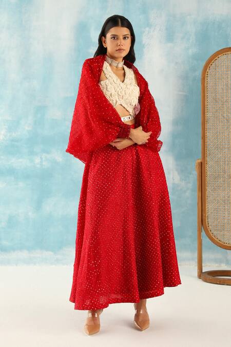 Twenty Nine Red Silk Embroidery Bandhani Woven High Waist Flared Pant at Aza Fashions Twenty Nine_Red Silk Embroidery Bandhani Woven High Waist Flared Pant _at_Aza_Fashions