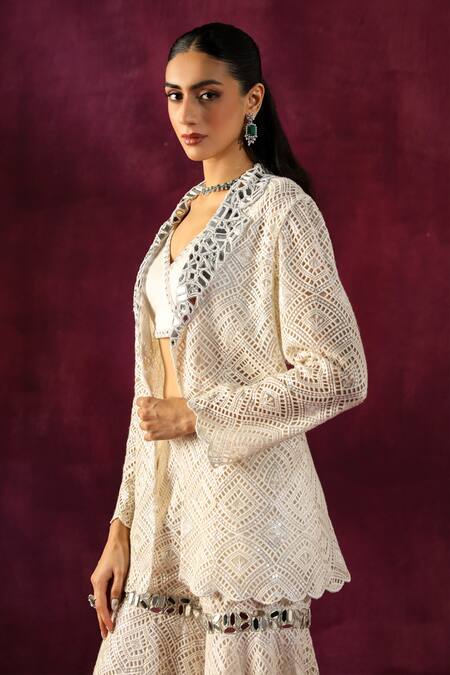 Twenty Nine White Georgette Mirrors, Beads V-neck Neckline Embellished Crop Top Online at Aza Fashions Twenty Nine_White Georgette Mirrors, Beads V-neck Neckline Embellished Crop Top _Online_at_Aza_Fashions