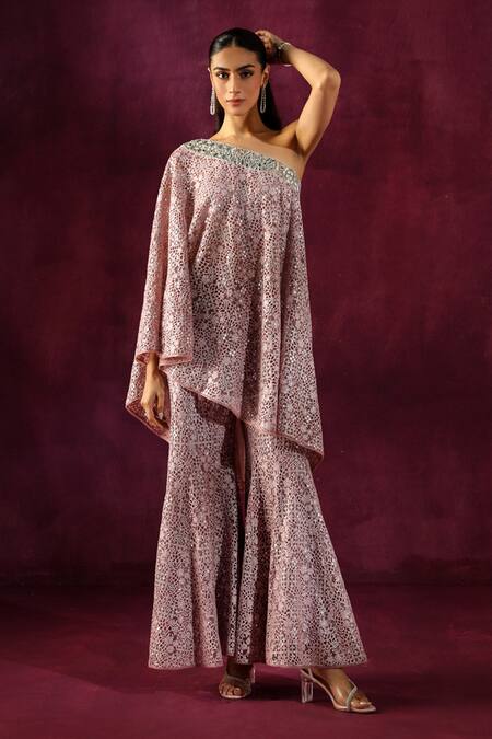 Shop Twenty Nine Pink Mirror Neckline Embellished Cape Online at Aza Fashions Shop_Twenty Nine_Pink Mirror Neckline Embellished Cape _Online_at_Aza_Fashions