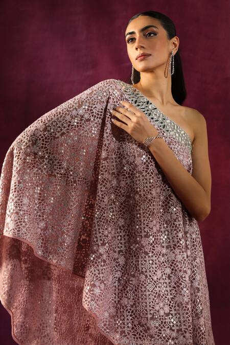 Buy Twenty Nine Pink Mirror Neckline Embellished Cape Buy_Twenty Nine_Pink Mirror Neckline Embellished Cape
