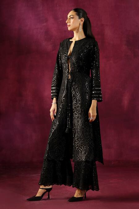 Twenty Nine Black Georgette Mirrors Floral Embellished Jacket Online at Aza Fashions Twenty Nine_Black Georgette Mirrors Floral Embellished Jacket _Online_at_Aza_Fashions