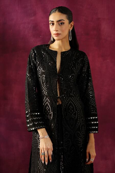 Shop Twenty Nine Black Georgette Mirrors Floral Embellished Jacket Online at Aza Fashions Shop_Twenty Nine_Black Georgette Mirrors Floral Embellished Jacket _Online_at_Aza_Fashions