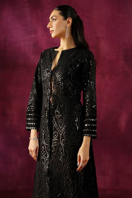 Twenty Nine Black Georgette Mirrors Floral Embellished Jacket at Aza Fashions Twenty Nine_Black Georgette Mirrors Floral Embellished Jacket _at_Aza_Fashions