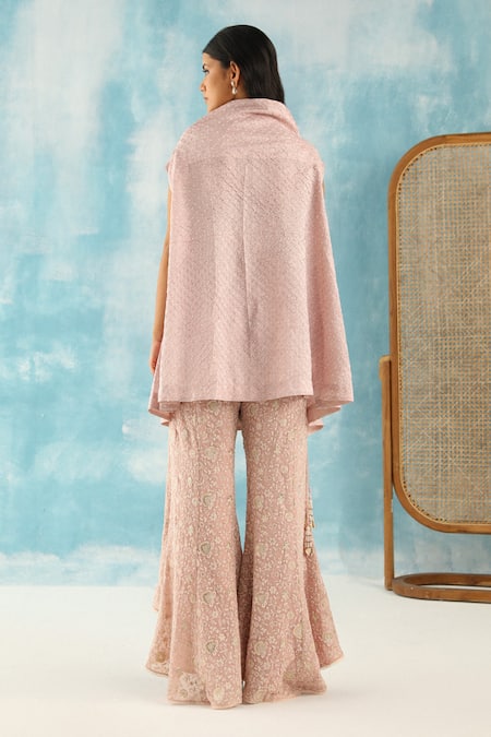 Shop Twenty Nine Peach Silk Embroidery Asymmetric Bandhani Woven Cowl Neck Top at Aza Fashions Shop_Twenty Nine_Peach Silk Embroidery Asymmetric Bandhani Woven Cowl Neck Top _at_Aza_Fashions