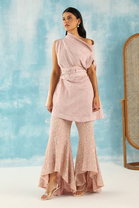 Buy Twenty Nine Peach Silk Embroidery Asymmetric Bandhani Woven Cowl Neck Top Online at Aza Fashions Buy_Twenty Nine_Peach Silk Embroidery Asymmetric Bandhani Woven Cowl Neck Top _Online_at_Aza_Fashions